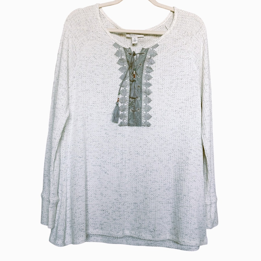 Vintage America Waffle Knit Lace Up Tassel Top White Grey - 1X (NWT)